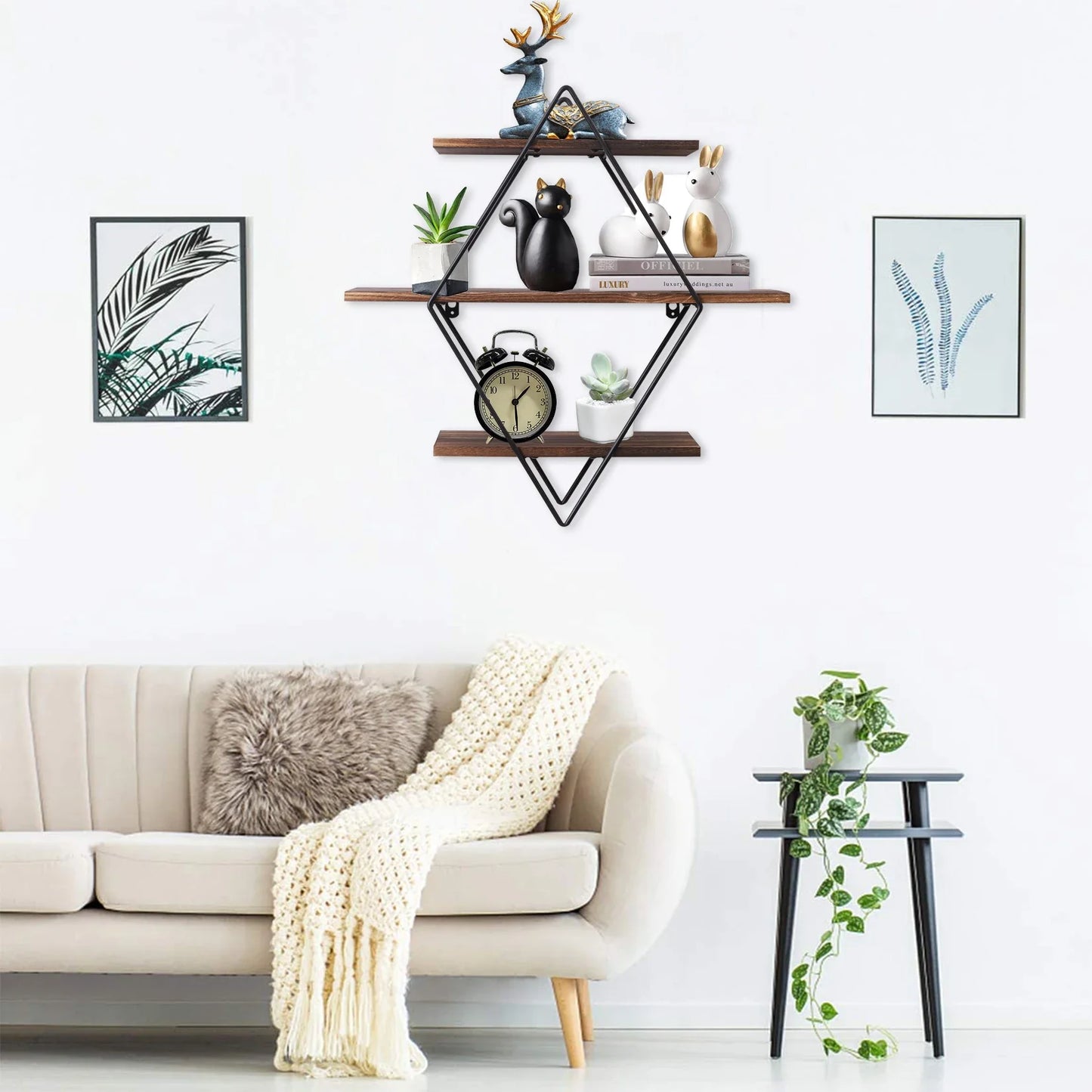 Industrial Geometric 3-Tier Wood & Metal Wall Shelf