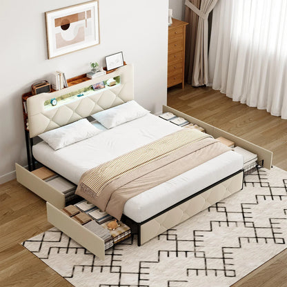 Velvet Ottoman Storage Bed with LED & 4 Drawers