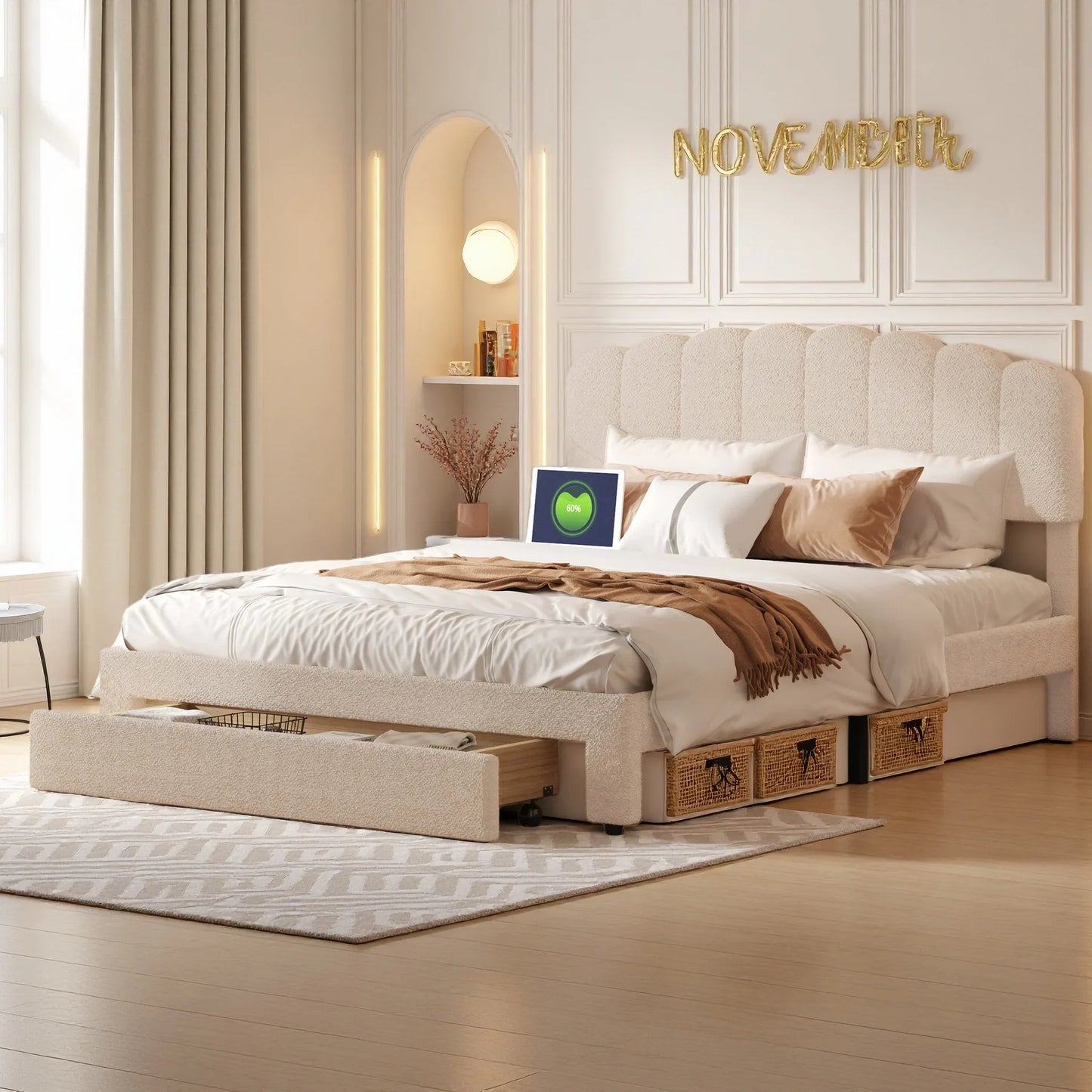 Velvet Bed with Storage & USB Ports