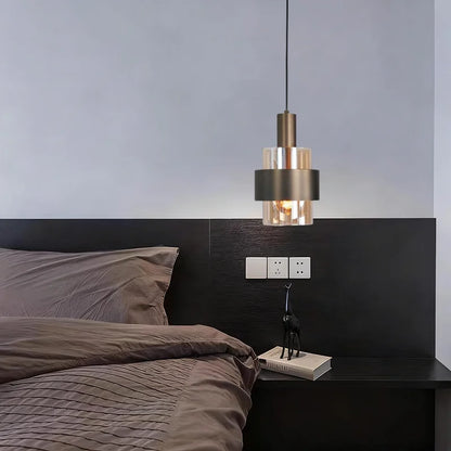Cylindrical Amber Glass and Bronze Pendant Light