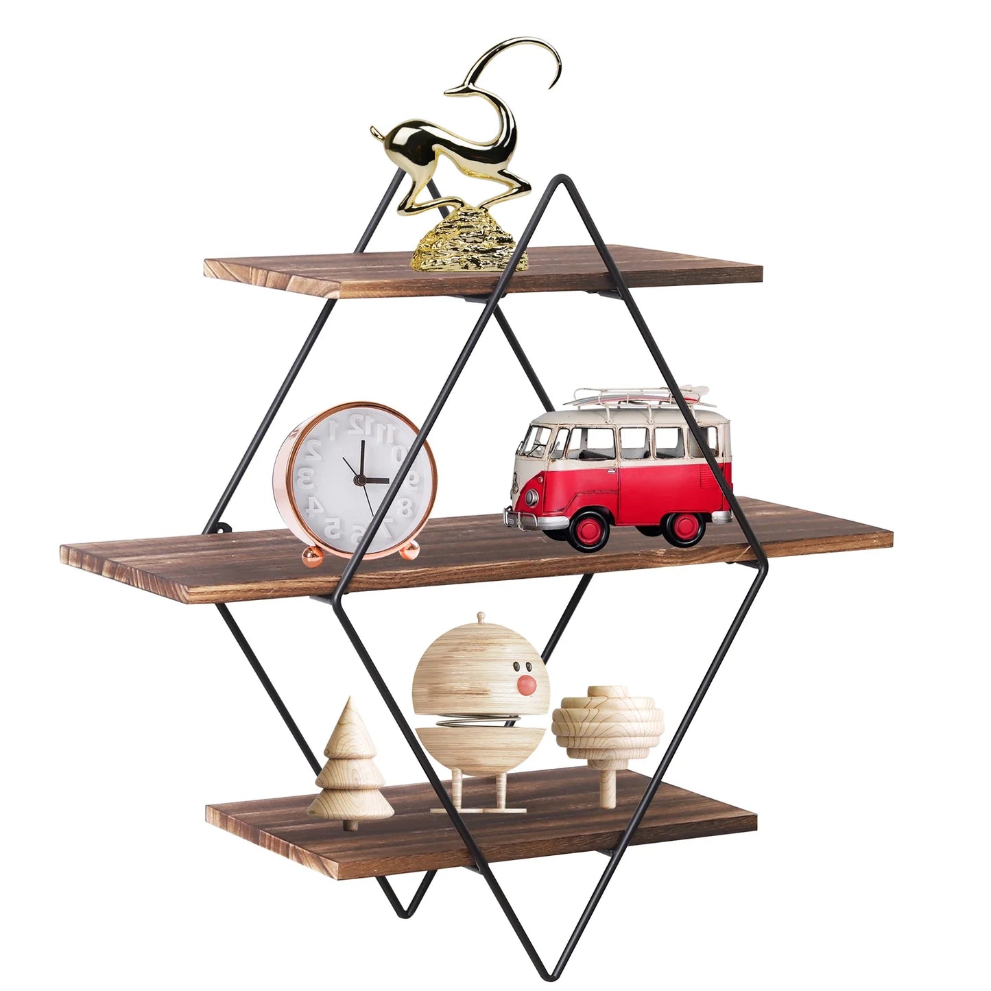 Industrial Geometric 3-Tier Wood & Metal Wall Shelf