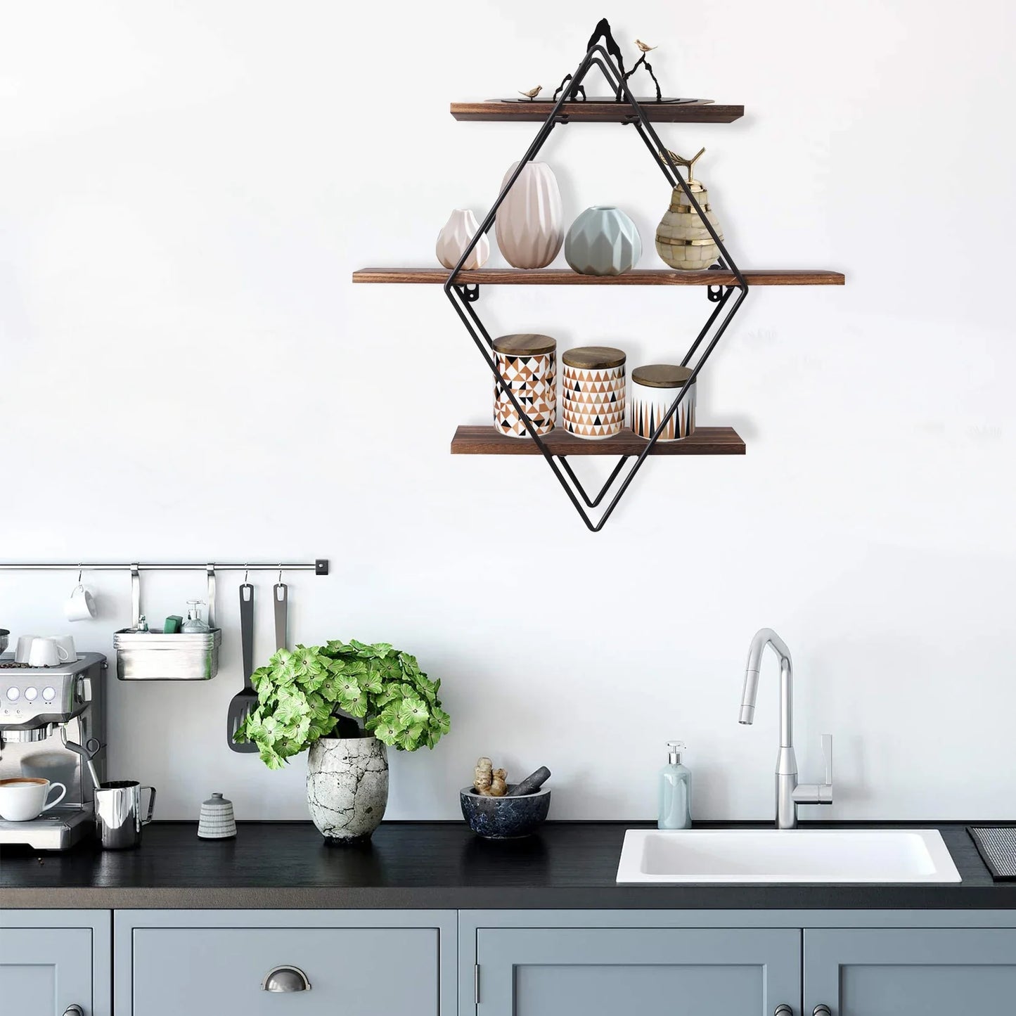 Industrial Geometric 3-Tier Wood & Metal Wall Shelf