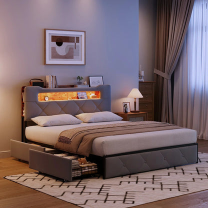 Velvet Ottoman Storage Bed with LED & 4 Drawers