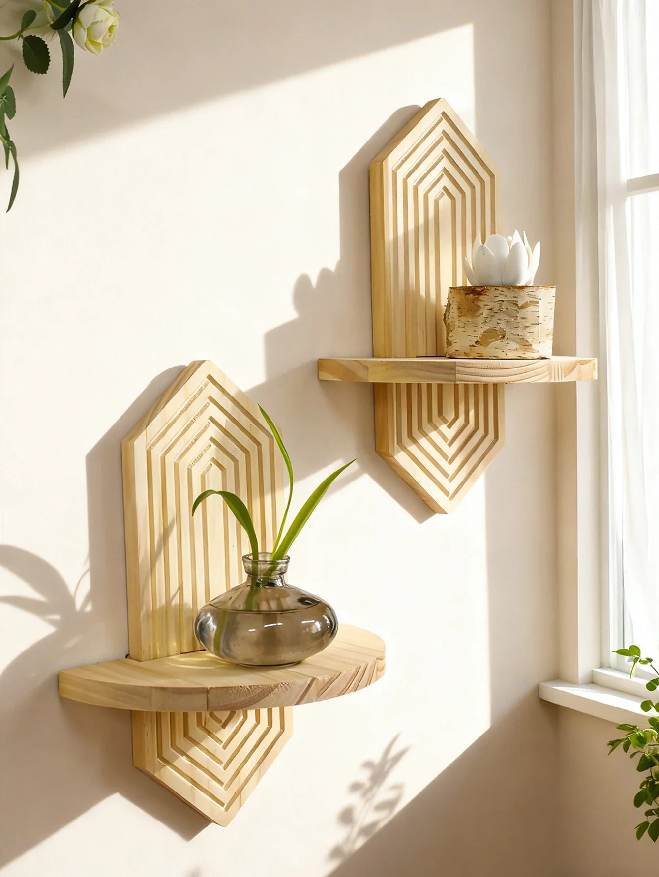 Bohemian Geometric Natural Wood Wall Shelves