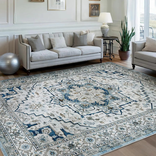 White and Navy Persian-Style Rug