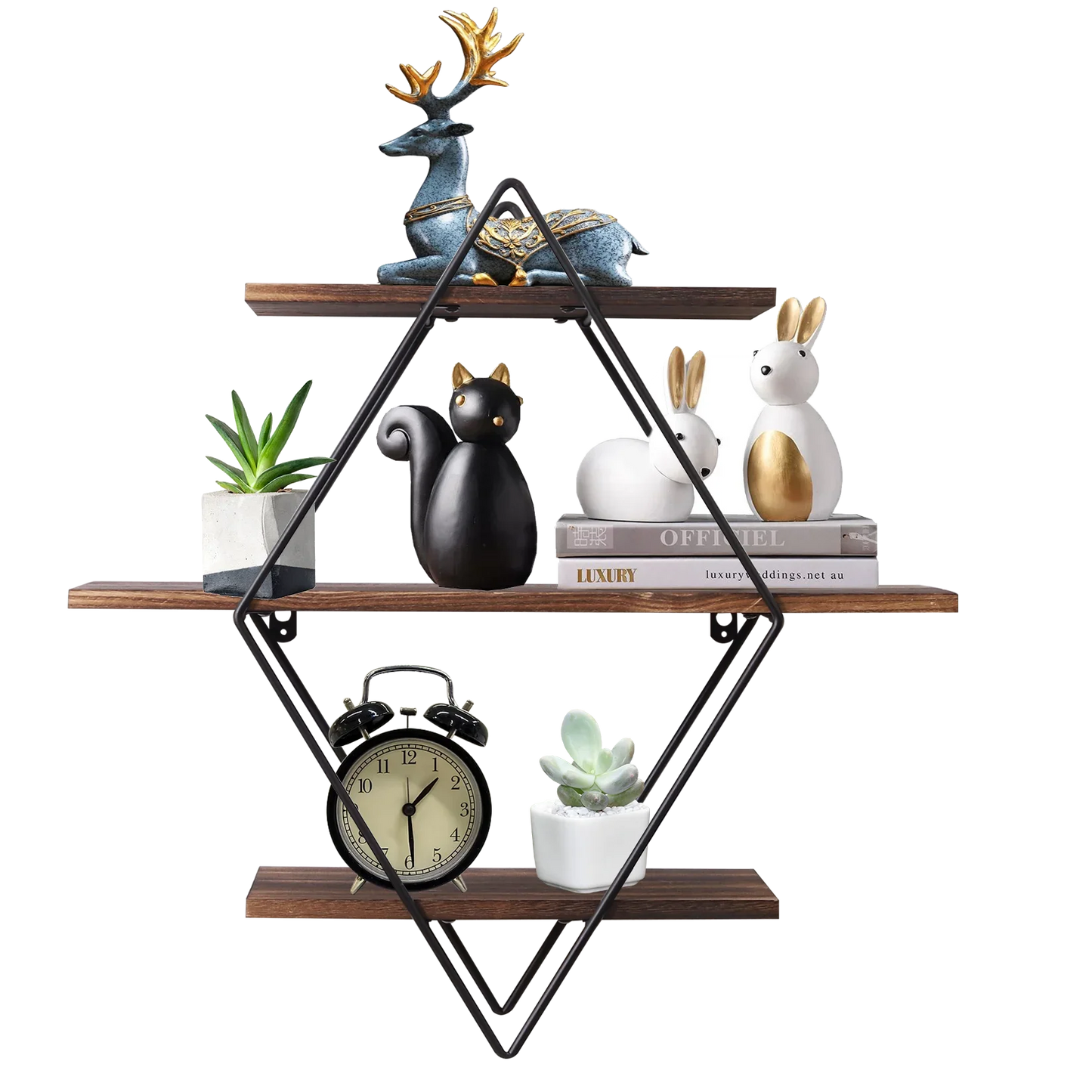 Industrial Geometric 3-Tier Wood & Metal Wall Shelf