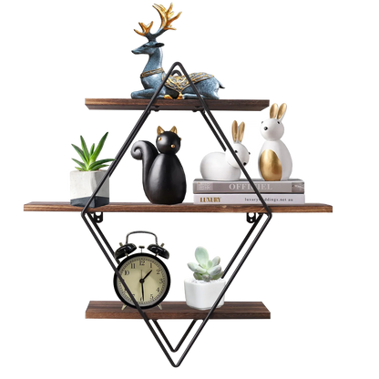 Industrial Geometric 3-Tier Wood & Metal Wall Shelf
