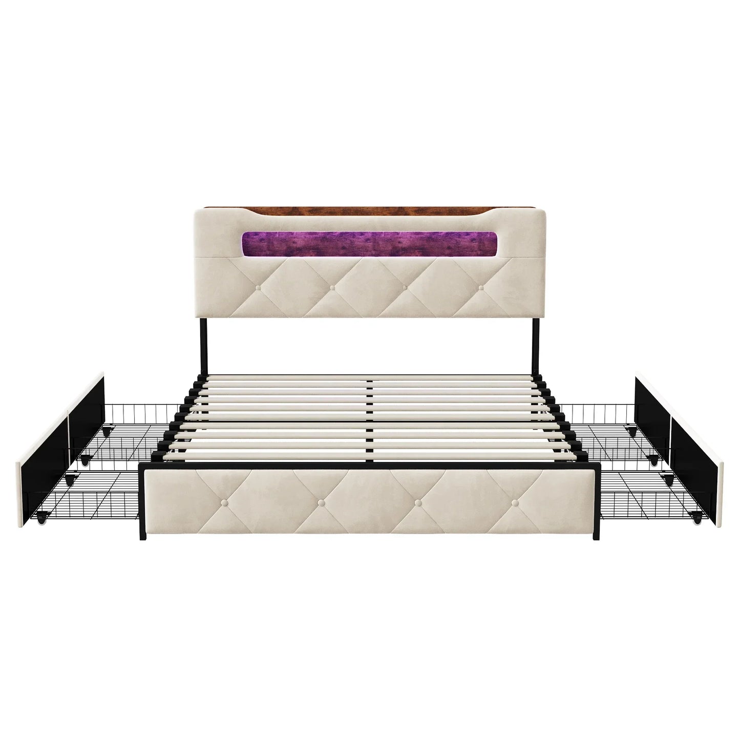 Velvet Ottoman Storage Bed with LED & 4 Drawers