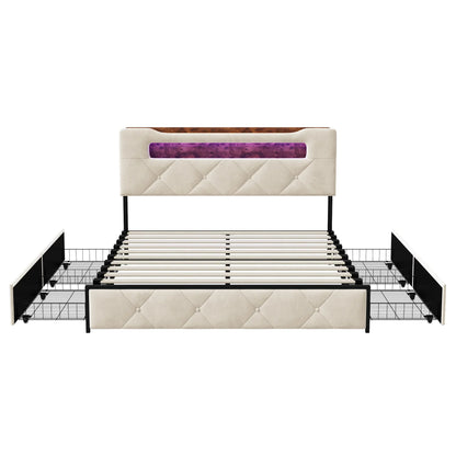 Velvet Ottoman Storage Bed with LED & 4 Drawers