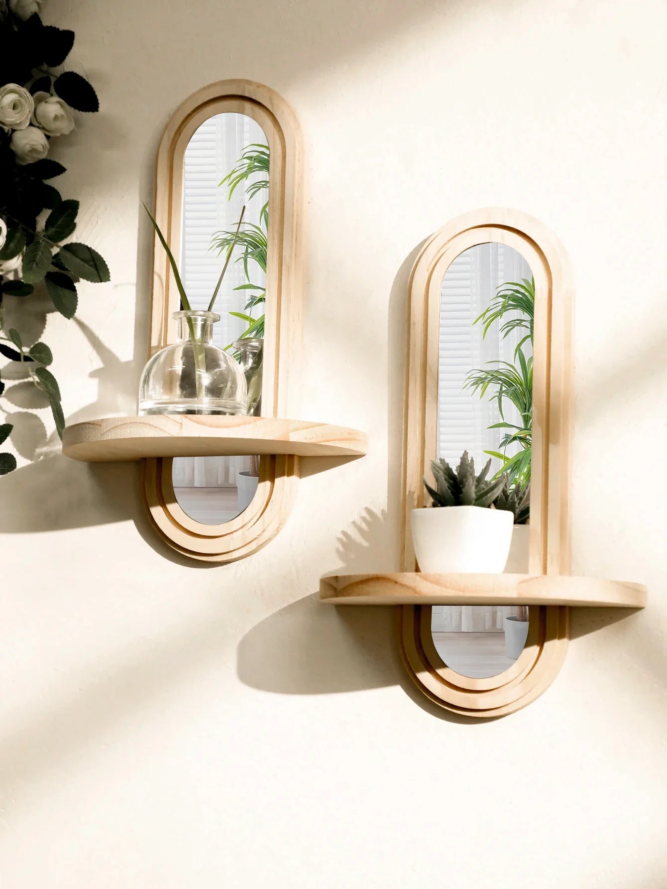 Bohemian Natural Wood Wall Shelf with Mirror