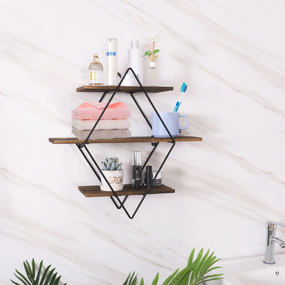 Industrial Geometric 3-Tier Wood & Metal Wall Shelf