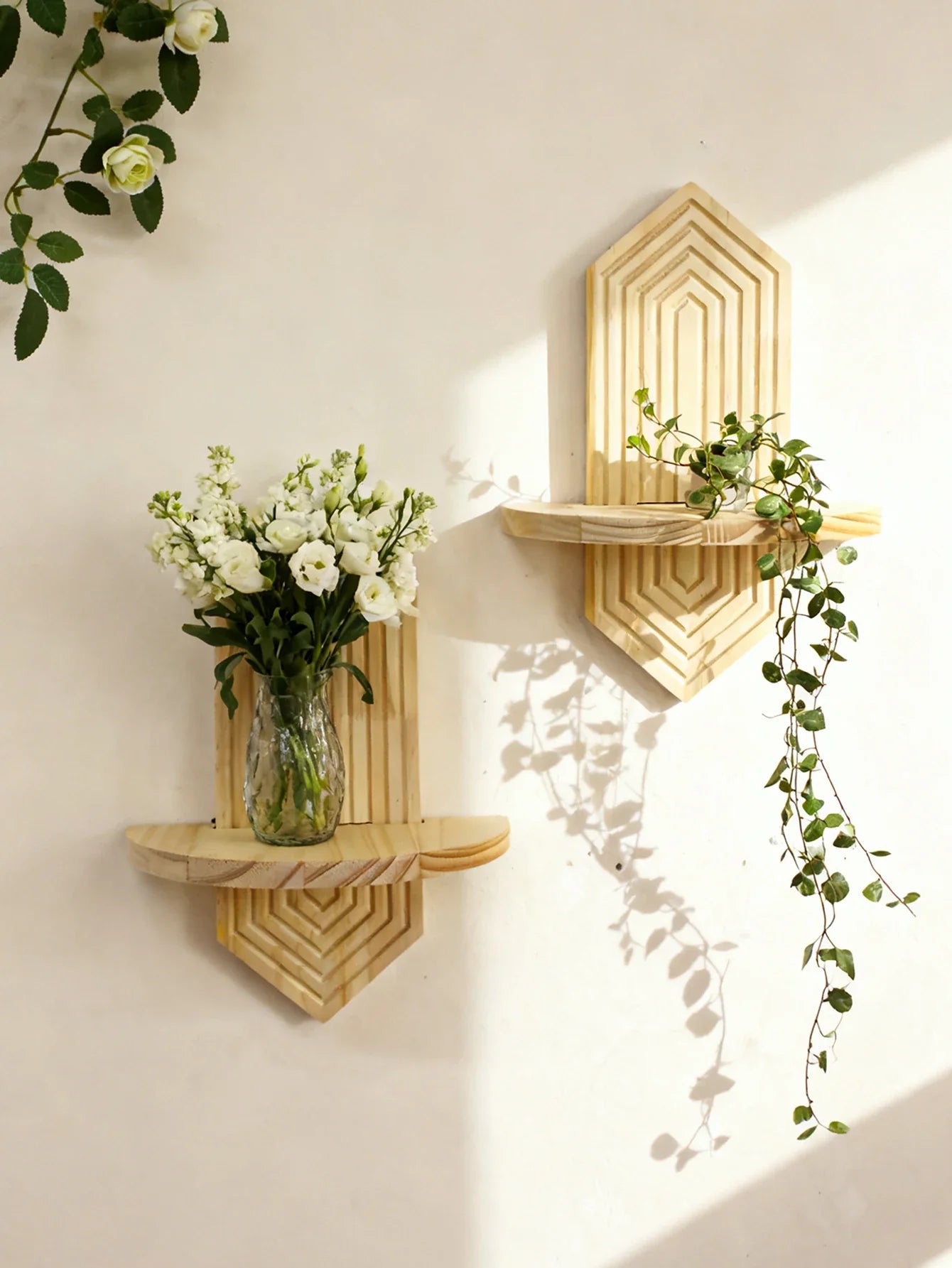 Bohemian Geometric Natural Wood Wall Shelves