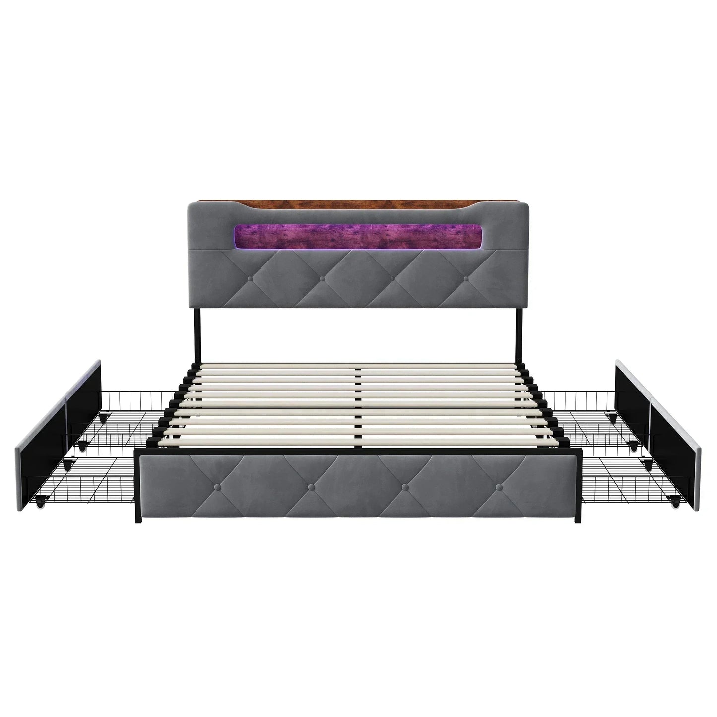 Velvet Ottoman Storage Bed with LED & 4 Drawers