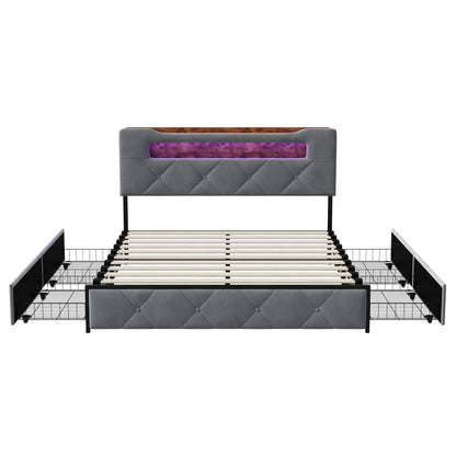 Velvet Ottoman Storage Bed with LED & 4 Drawers