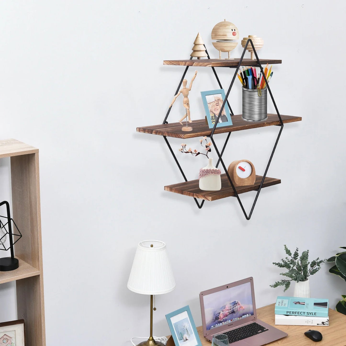Industrial Geometric 3-Tier Wood & Metal Wall Shelf