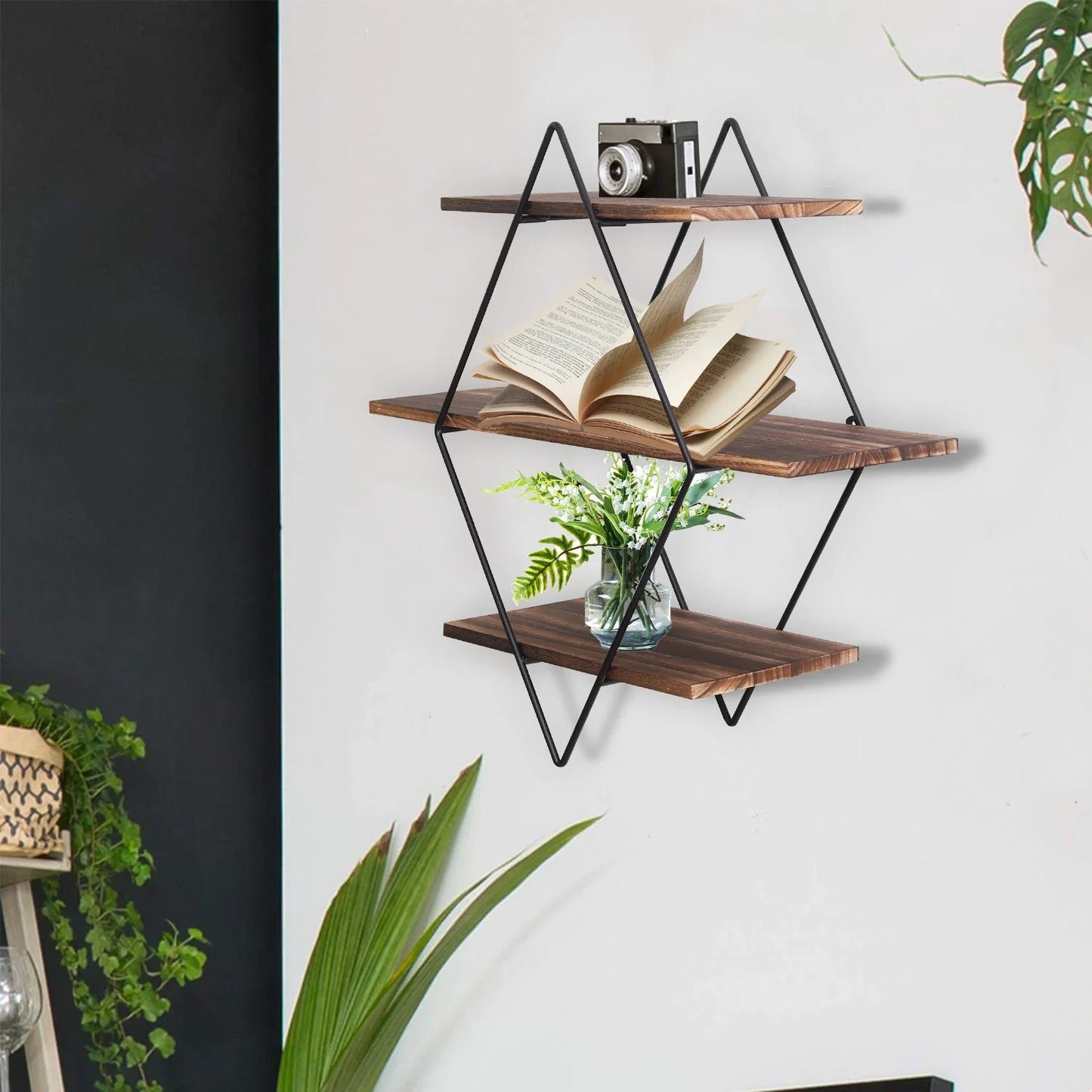 Industrial Geometric 3-Tier Wood & Metal Wall Shelf