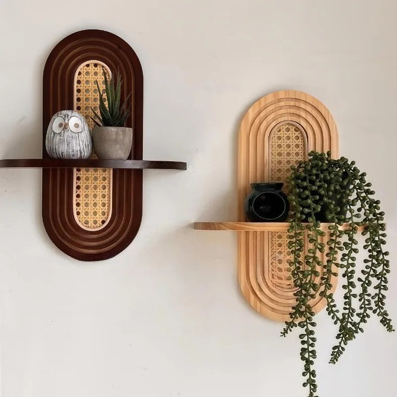 Bohemian Woven Wood and Rattan Wall Shelf
