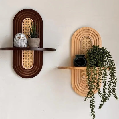 Bohemian Woven Wood and Rattan Wall Shelf