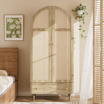 Wood Wardrobe with Arched Linen Doors