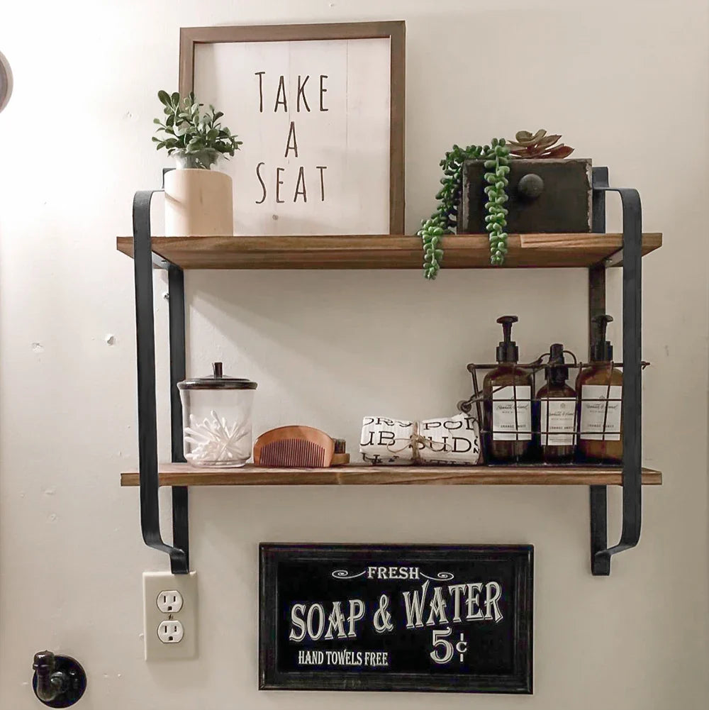 Industrial 2-Tier Wood & Metal Wall Shelf