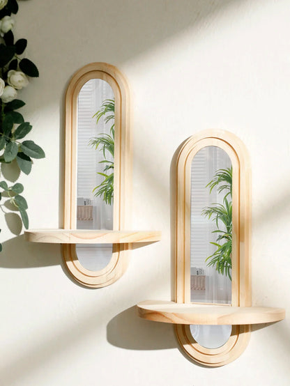 Bohemian Natural Wood Wall Shelf with Mirror
