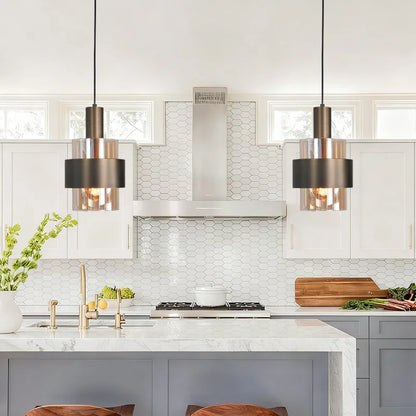 Cylindrical Amber Glass and Bronze Pendant Light