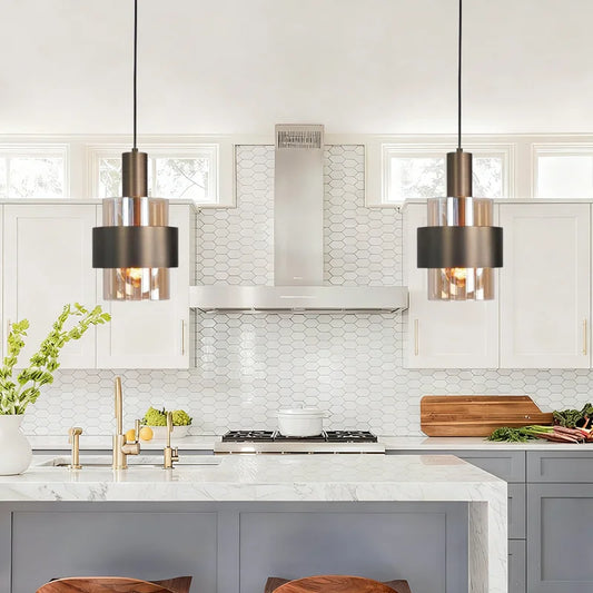 Cylindrical Amber Glass and Bronze Pendant Light