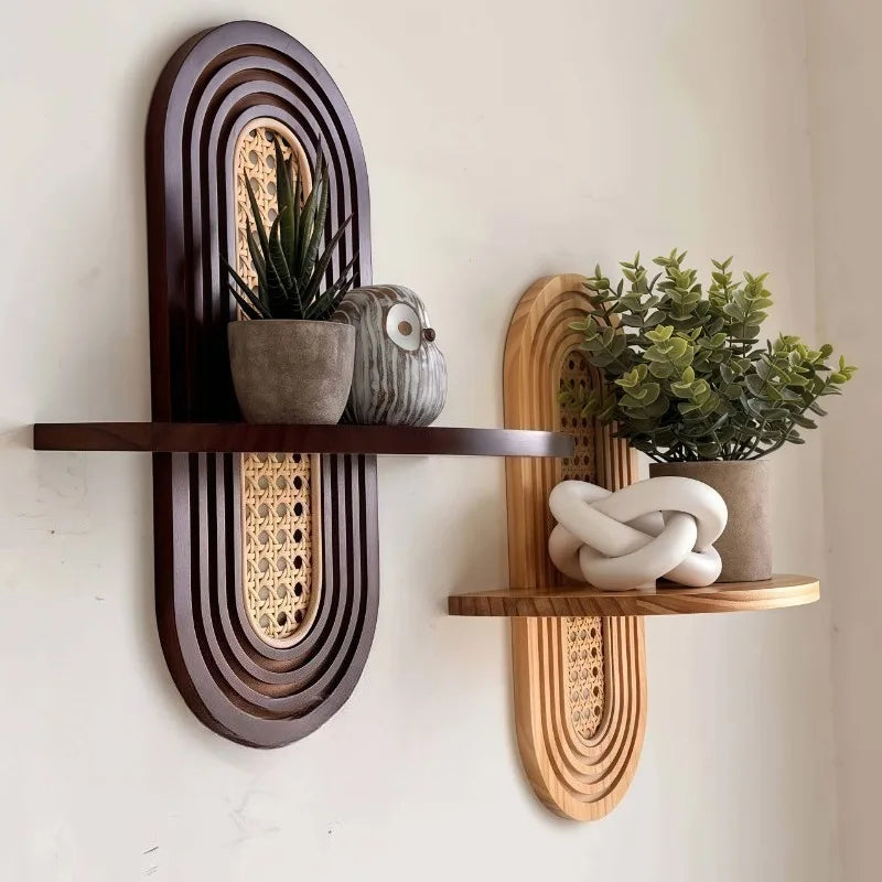Bohemian Woven Wood and Rattan Wall Shelf