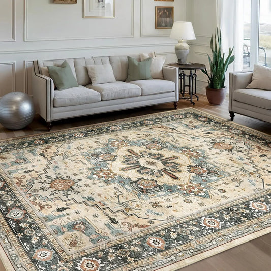 Beige and Green Persian-Style Rug