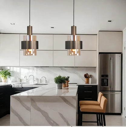 Cylindrical Amber Glass and Bronze Pendant Light
