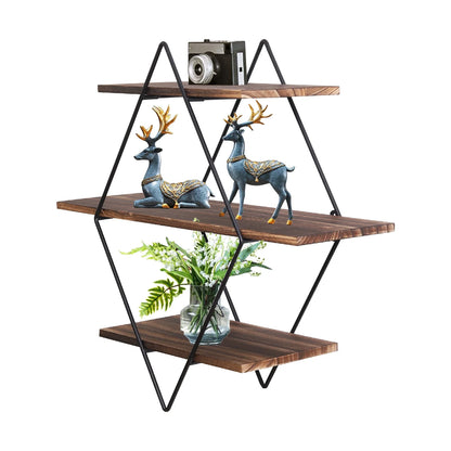 Industrial Geometric 3-Tier Wood & Metal Wall Shelf