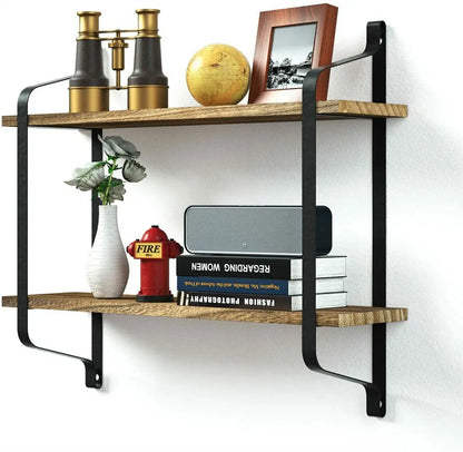 Industrial 2-Tier Wood & Metal Wall Shelf