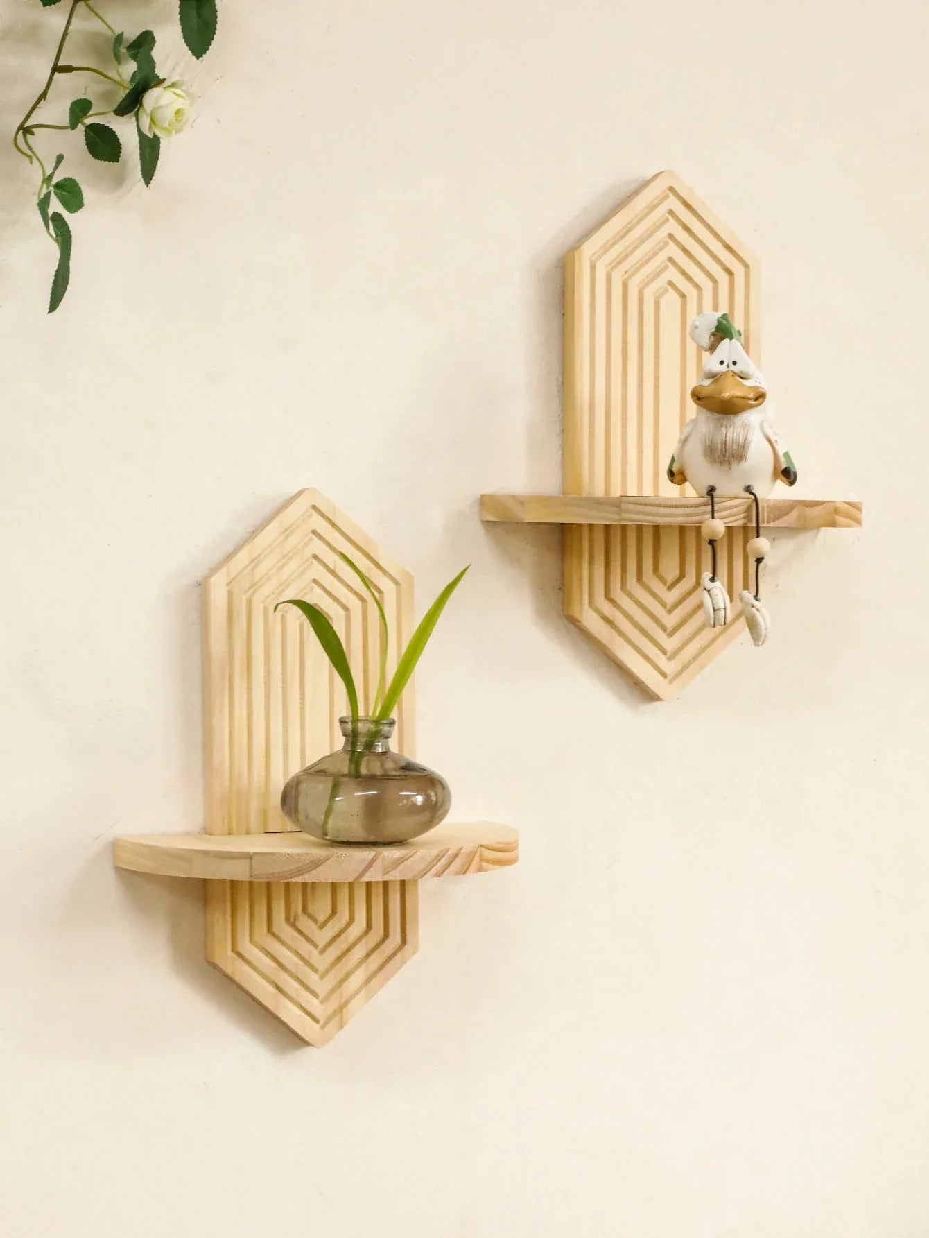 Bohemian Geometric Natural Wood Wall Shelves
