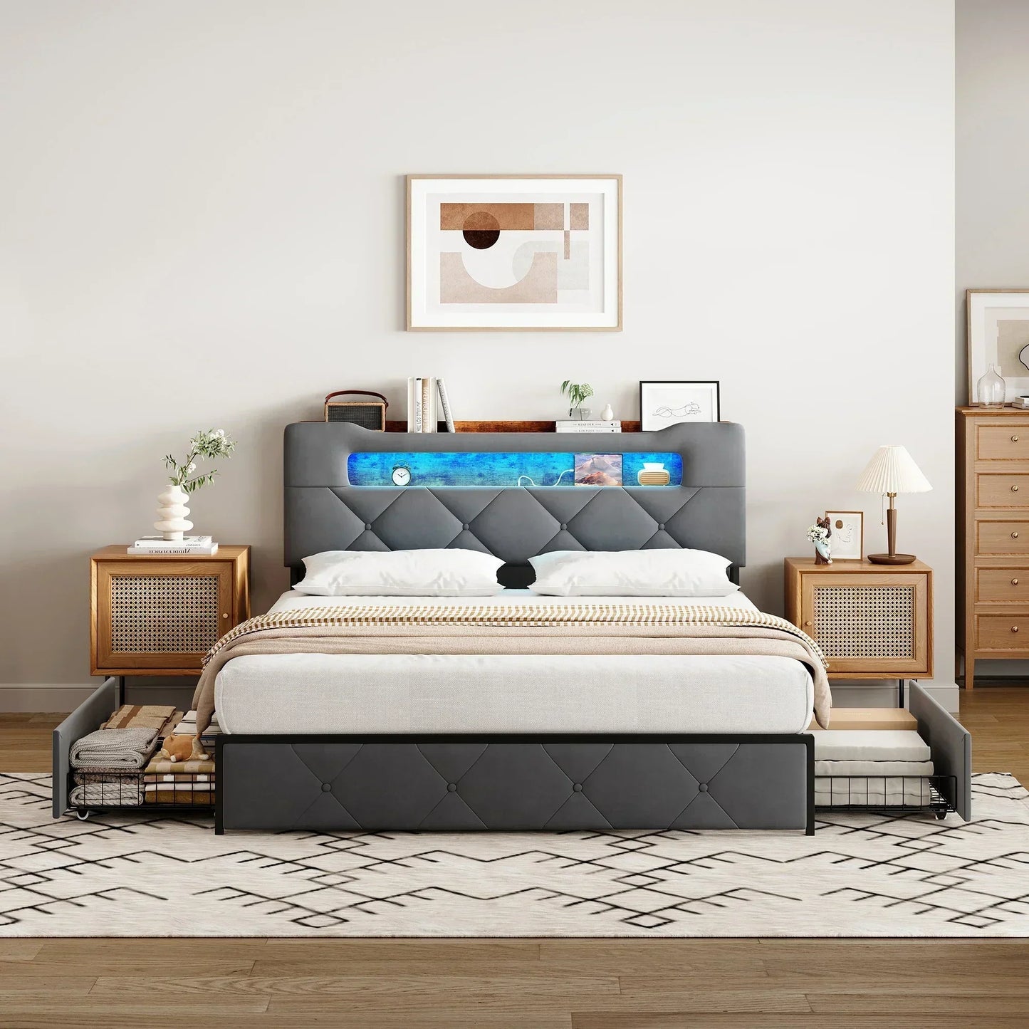 Velvet Ottoman Storage Bed with LED & 4 Drawers