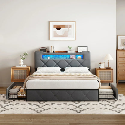 Velvet Ottoman Storage Bed with LED & 4 Drawers