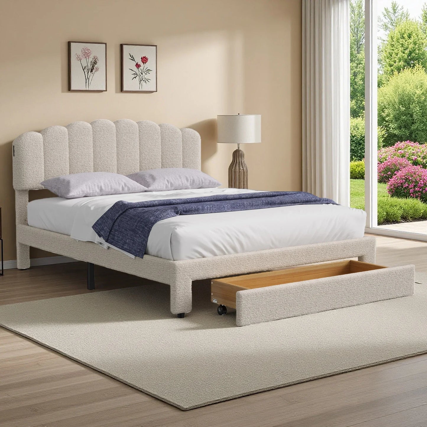 Velvet Bed with Storage & USB Ports