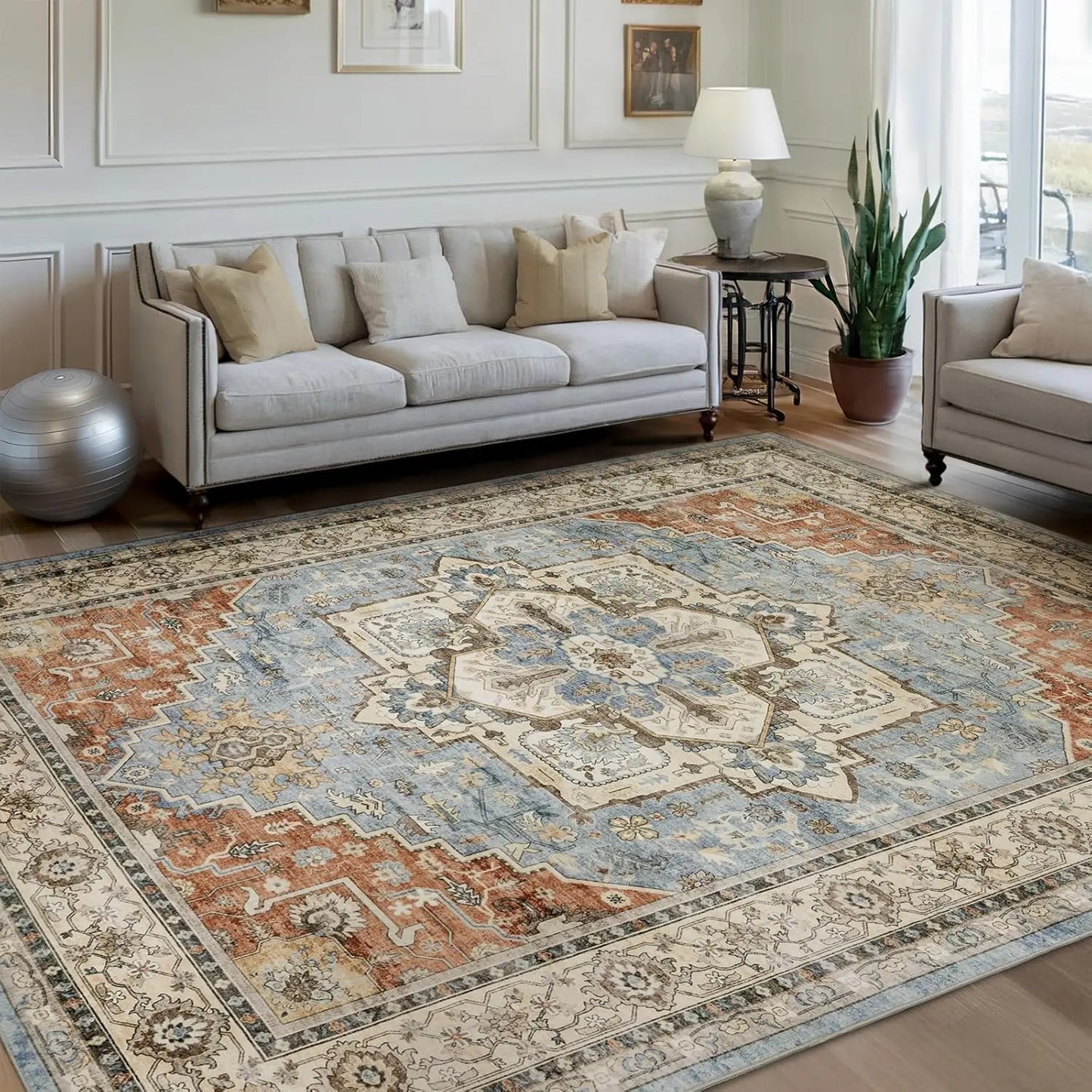 Terracotta and Blue Persian-Style Rug