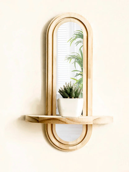 Bohemian Natural Wood Wall Shelf with Mirror