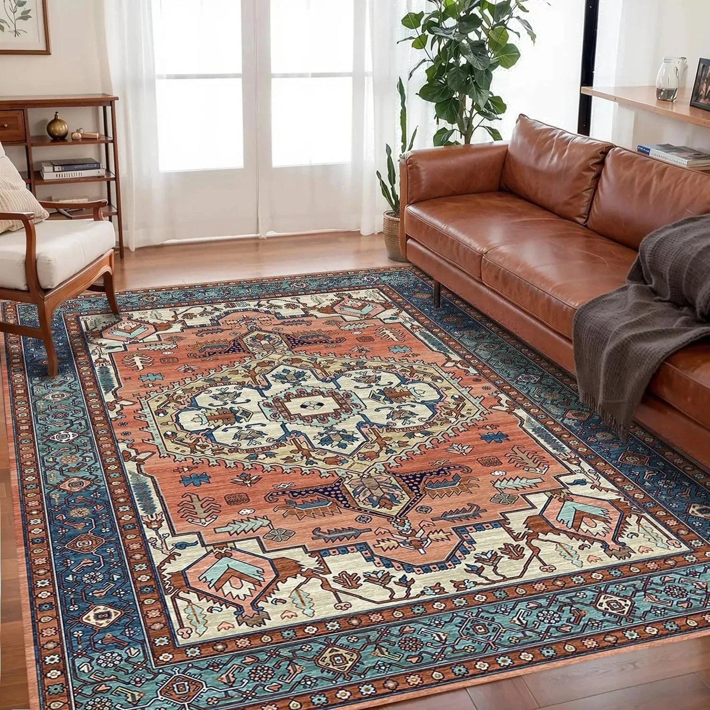 Terracotta and Turquoise Tribal-Style Boho Rug