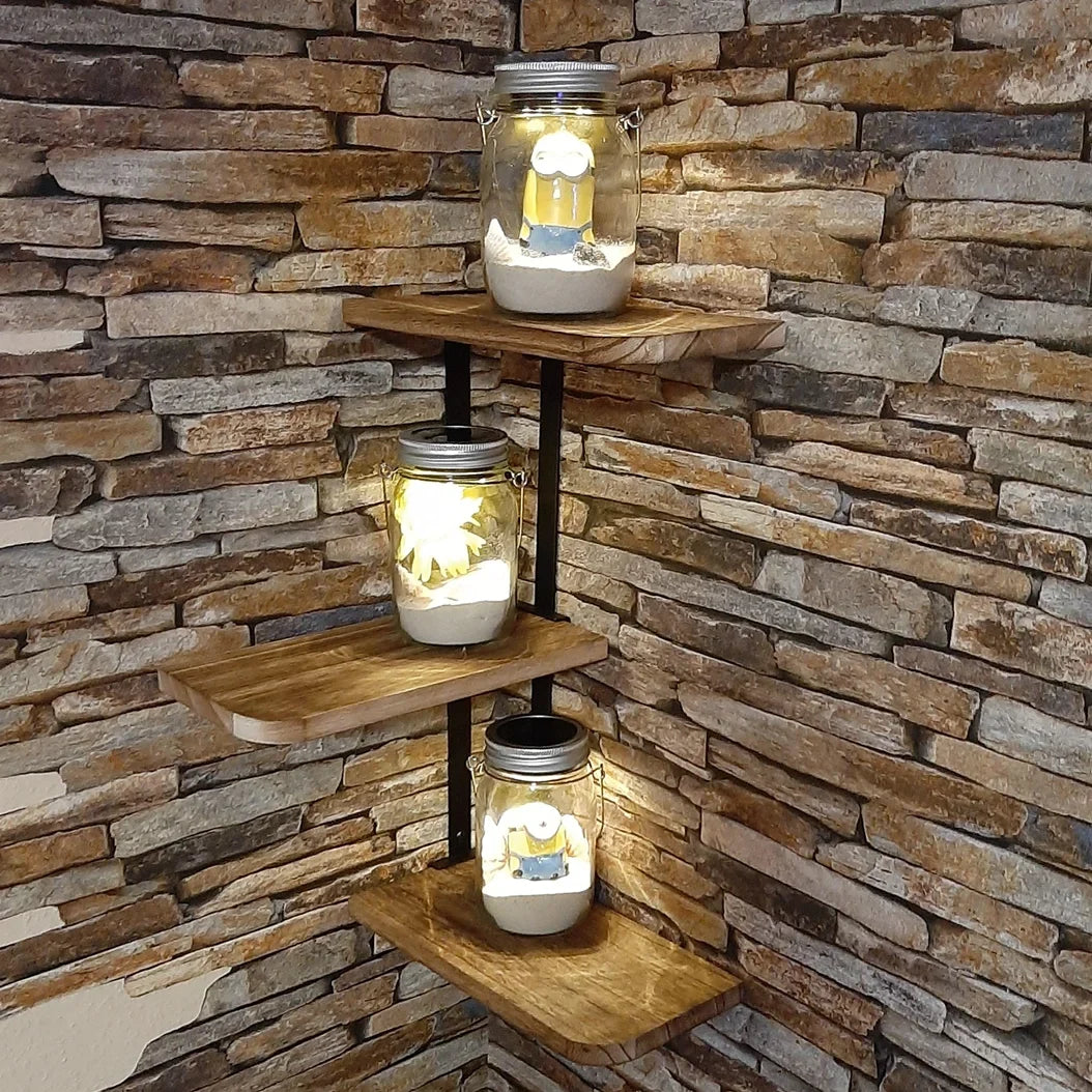 Rustic 3-Tier Wood & Metal Corner Wall Shelf