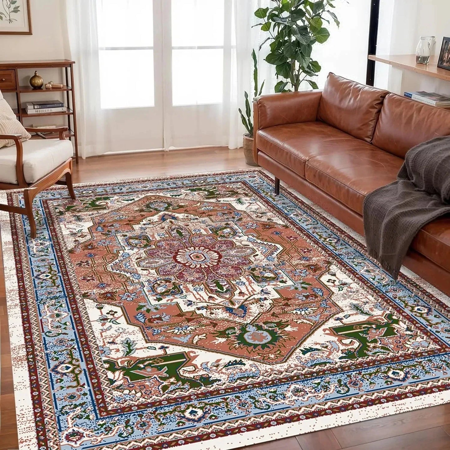 Coral and Green Floral Boho Rug