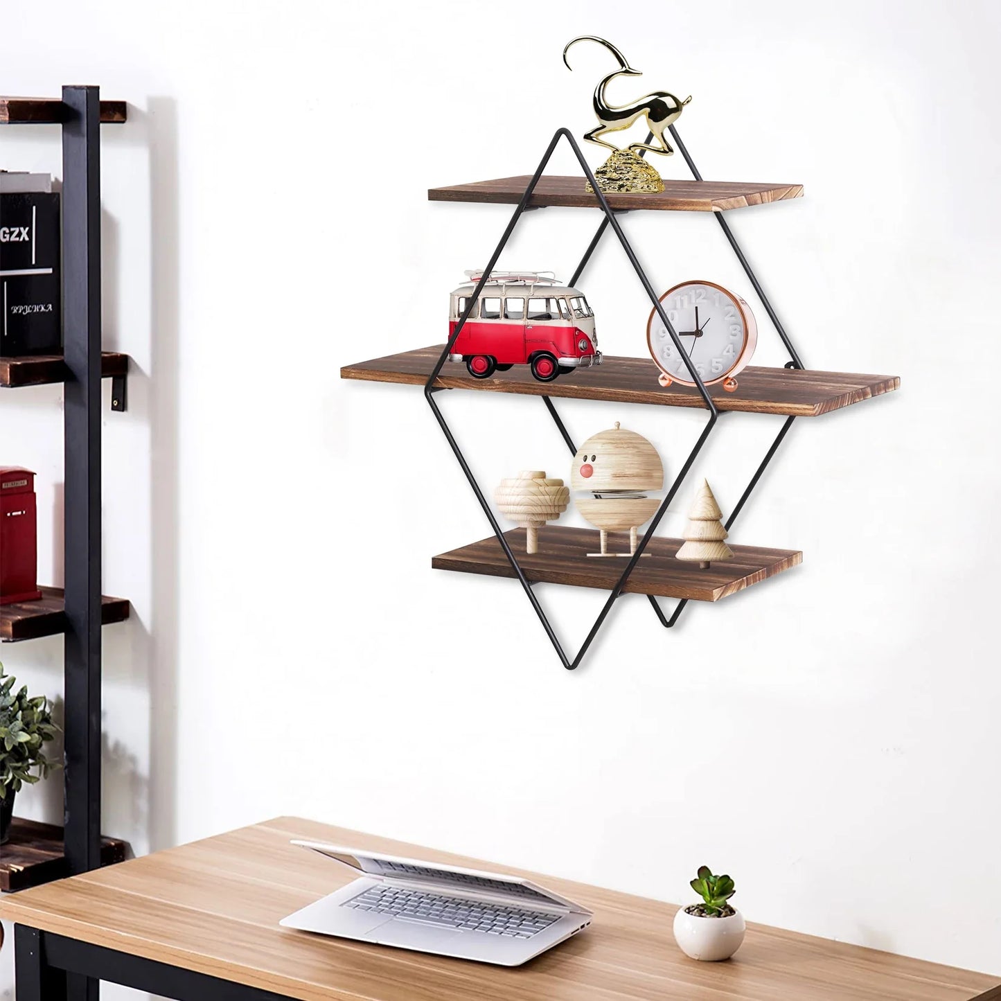 Industrial Geometric 3-Tier Wood & Metal Wall Shelf