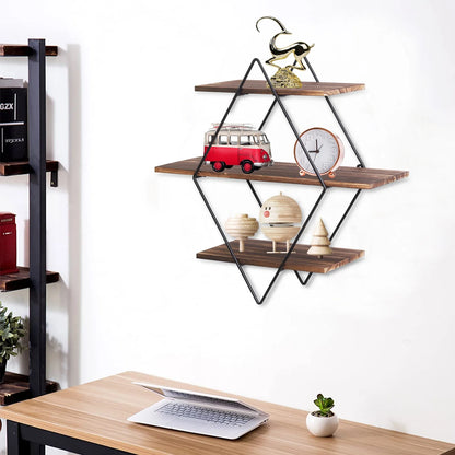 Industrial Geometric 3-Tier Wood & Metal Wall Shelf