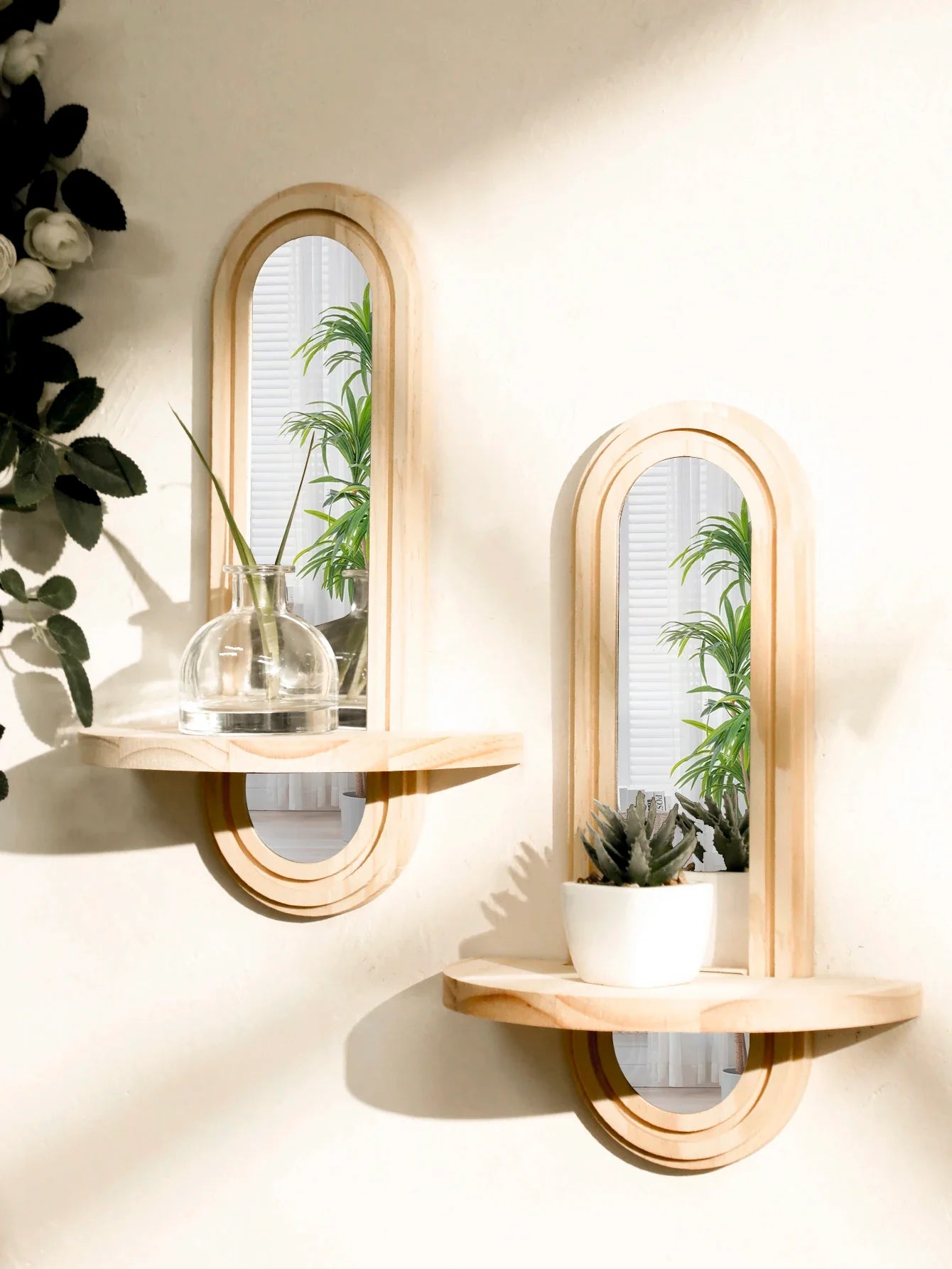 Bohemian Natural Wood Wall Shelf with Mirror