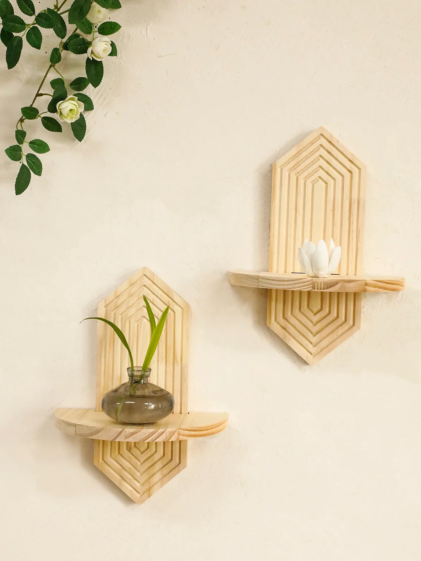 Bohemian Geometric Natural Wood Wall Shelves