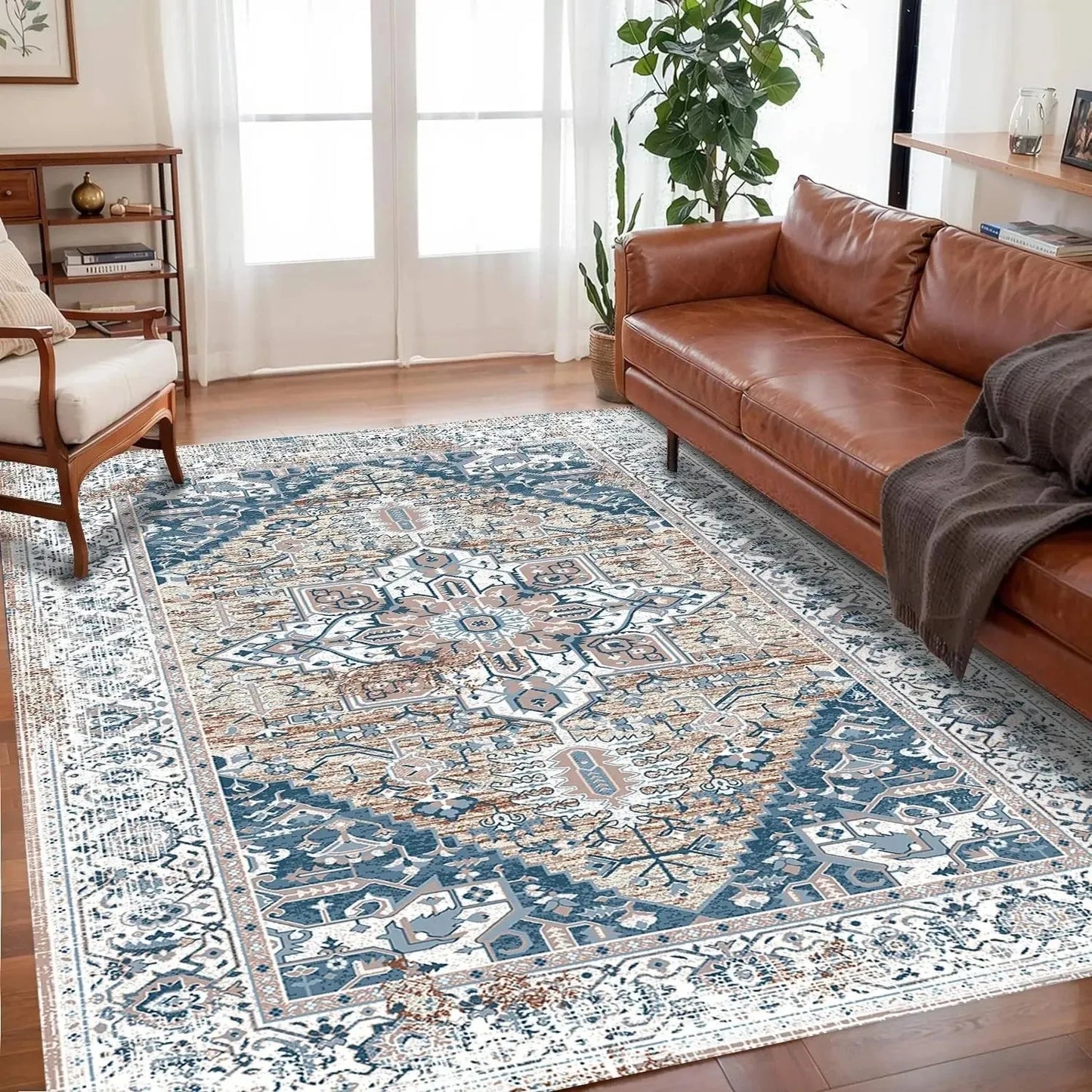 Blue and Beige Vintage-Style Boho Rug