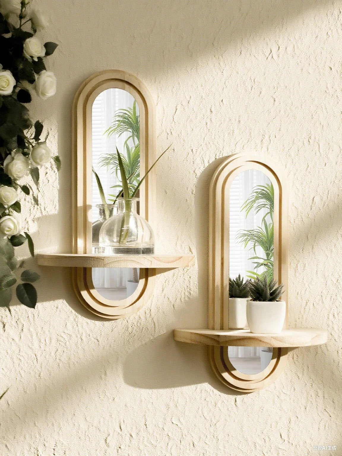 Bohemian Natural Wood Wall Shelf with Mirror