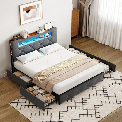 Velvet Ottoman Storage Bed with LED & 4 Drawers