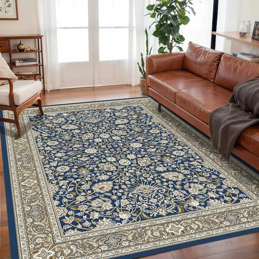 Navy and Gold Floral Boho Rug