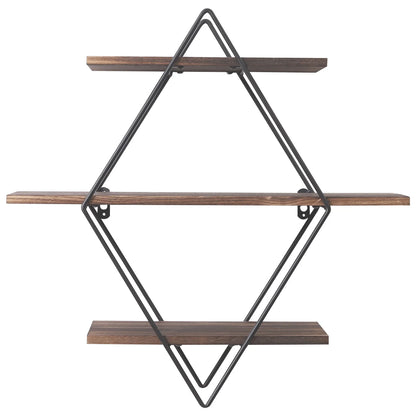 Industrial Geometric 3-Tier Wood & Metal Wall Shelf